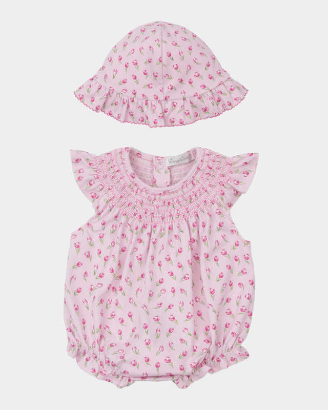 Girl's Tulip Blossoms Smocked Bubble Romper W/ Sunhat, Size Newborn-